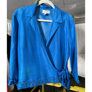 Worthington Women 100%Silk Blouse Wrap Tie Blue V Neck Collar Size 16 Tall